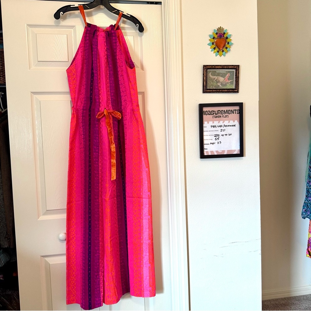 Vintage 1960s Handmade Maxi Dress Neon Pink Hot Tie Closure Stripes Hawaiin OS
